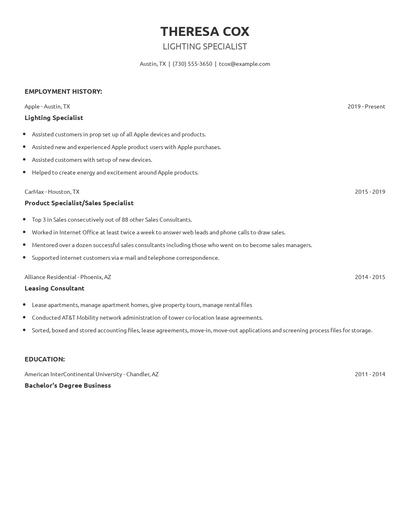 Lighting Specialist Resume