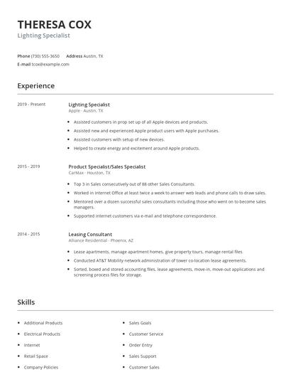 Lighting Specialist Resume