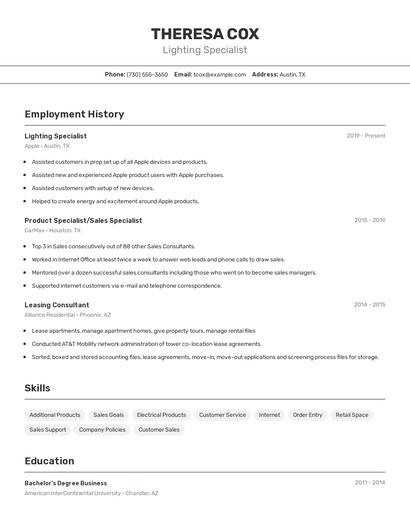 Lighting Specialist Resume