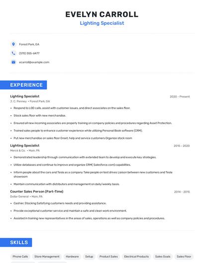 Lighting Specialist Resume
