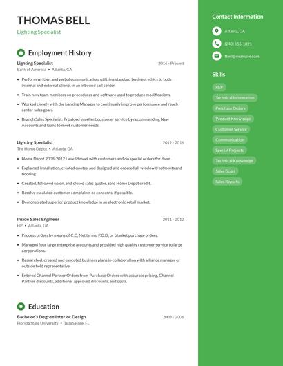Lighting Specialist Resume