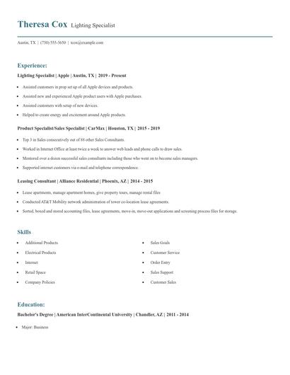 Lighting Specialist Resume