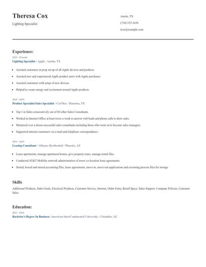Lighting Specialist Resume