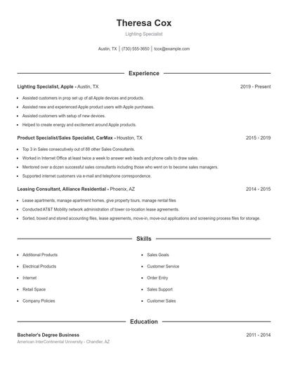Lighting Specialist Resume