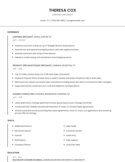 Lighting Specialist Resume