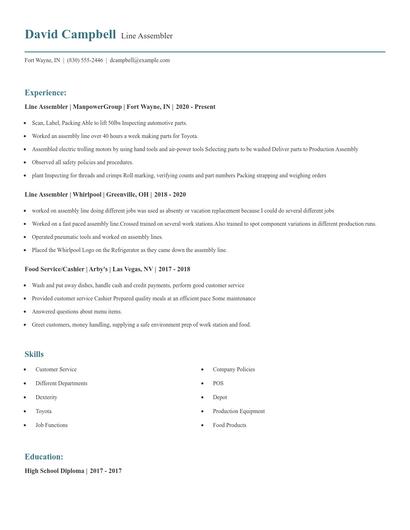 Line Assembler Resume