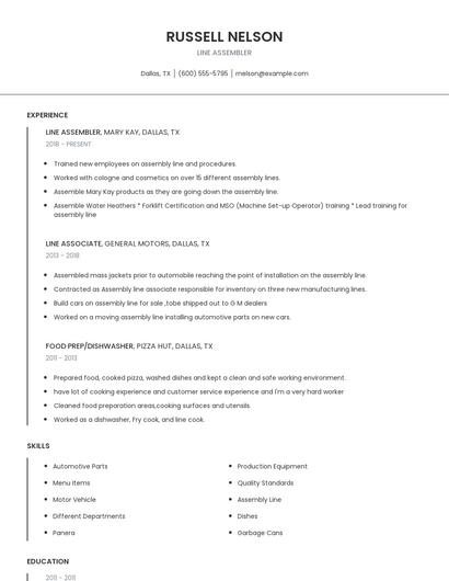 Line Assembler Resume