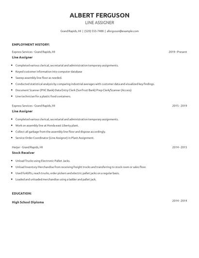 Line Assigner Resume