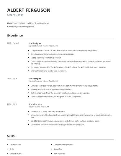 Line Assigner Resume