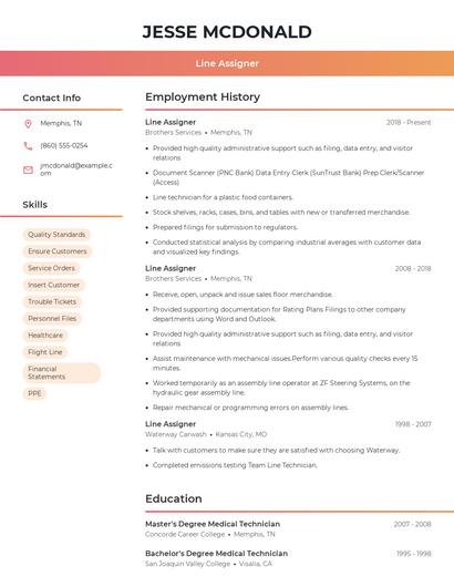 Line Assigner Resume