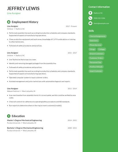 Line Assigner Resume