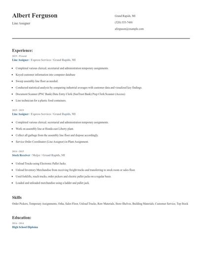Line Assigner Resume