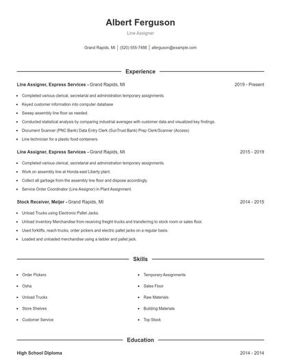 Line Assigner Resume