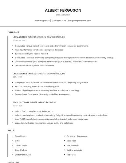 Line Assigner Resume