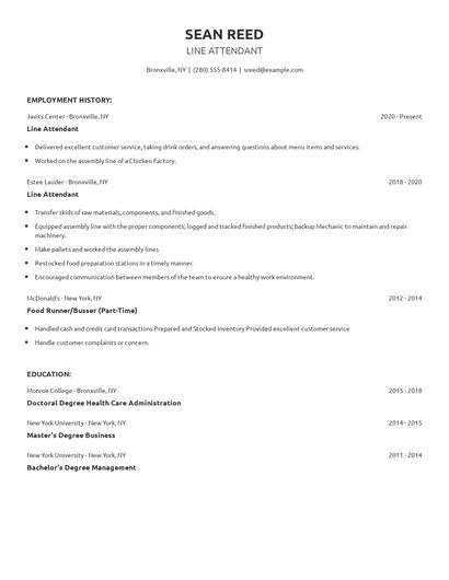 Line Attendant Resume