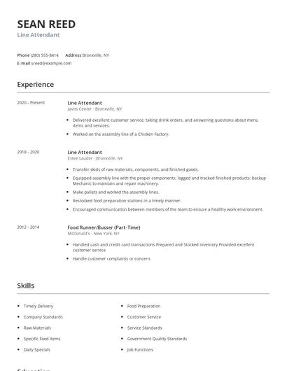 Line Attendant Resume