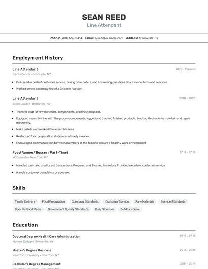 Line Attendant Resume