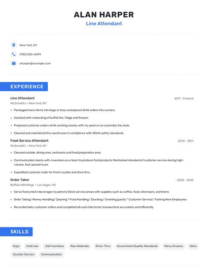 Line Attendant Resume