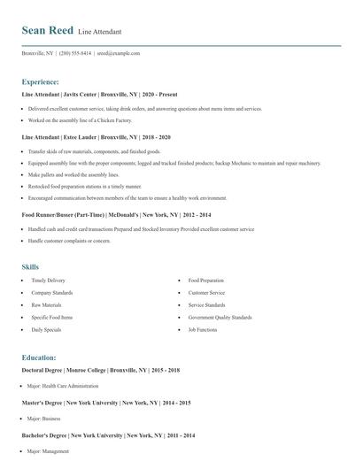 Line Attendant Resume