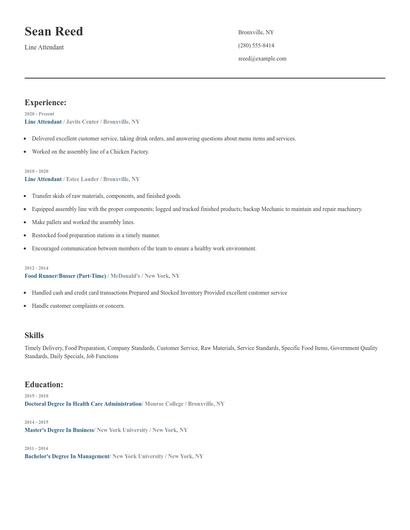 Line Attendant Resume