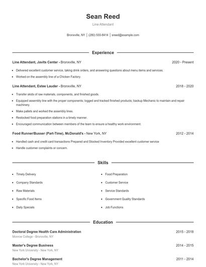Line Attendant Resume