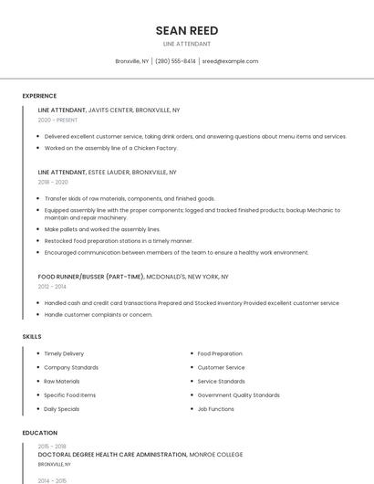 Line Attendant Resume