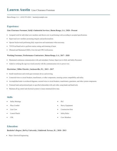 Line Clearance Foreman Resume