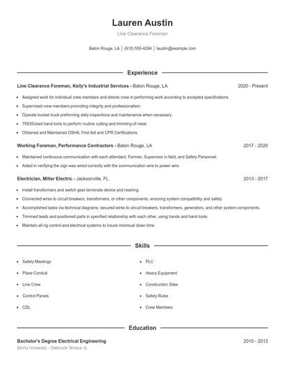 Line Clearance Foreman Resume
