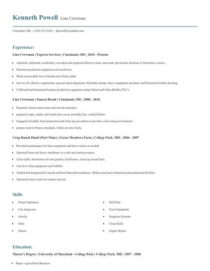 Line Crewman Resume