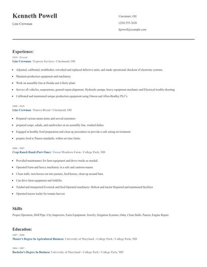 Line Crewman Resume