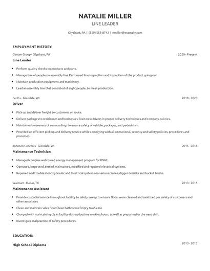 Line Leader Resume