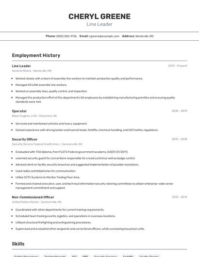 Line Leader Resume