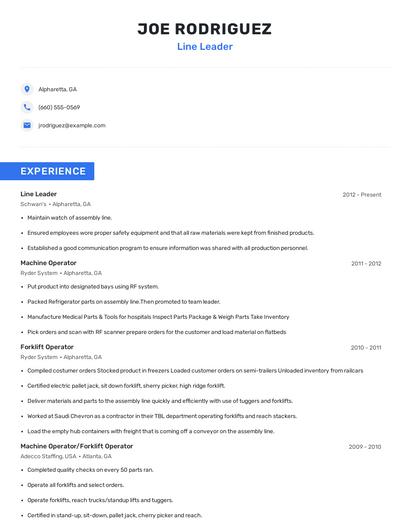Line Leader Resume