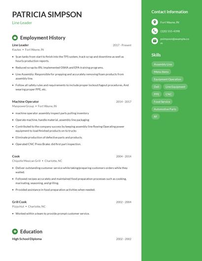 Line Leader Resume