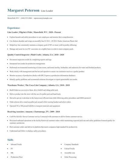 Line Leader Resume