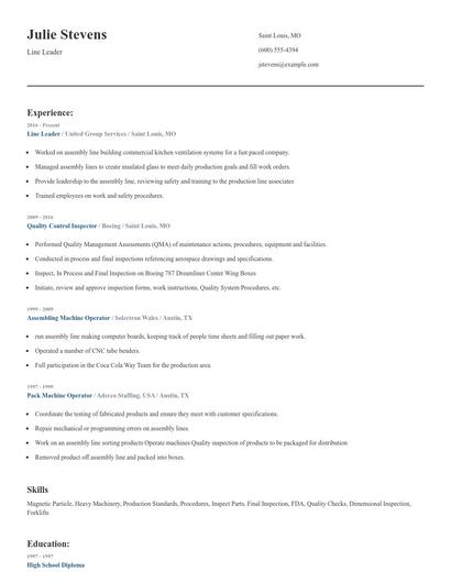 Line Leader Resume