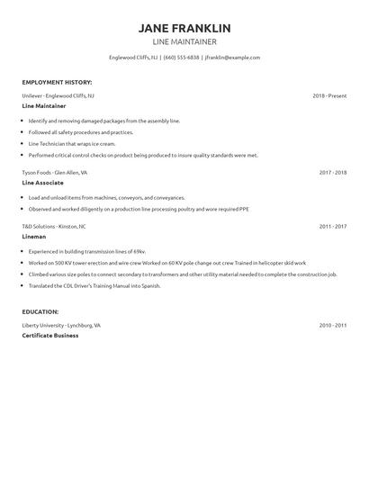 Line Maintainer Resume