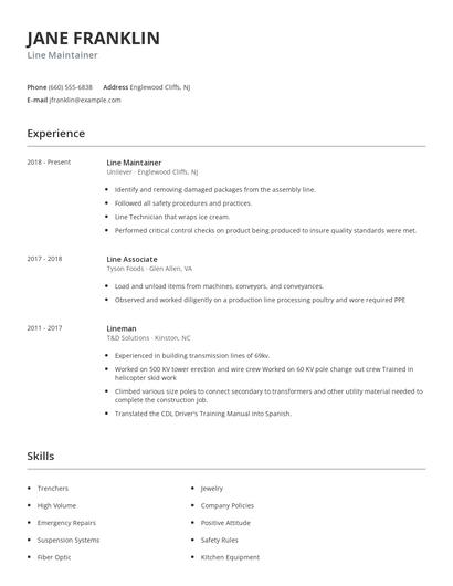 Line Maintainer Resume