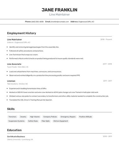 Line Maintainer Resume