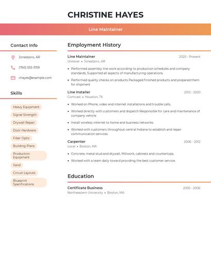 Line Maintainer Resume