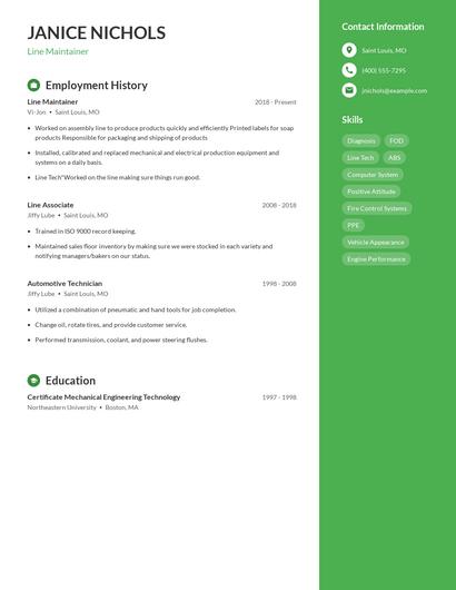 Line Maintainer Resume
