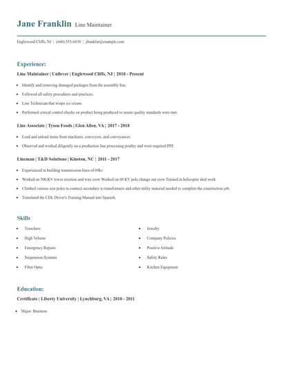 Line Maintainer Resume