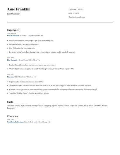 Line Maintainer Resume
