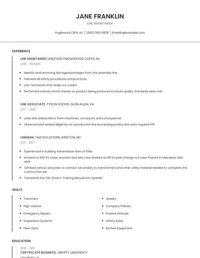 Line Maintainer Resume