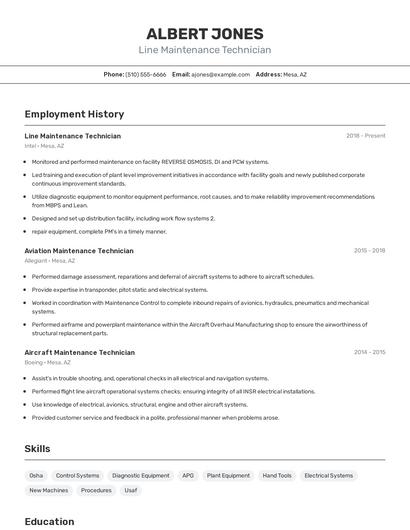 Line Maintenance Technician Resume