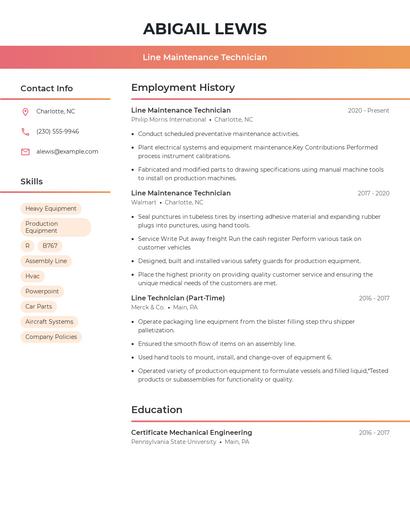 Line Maintenance Technician Resume