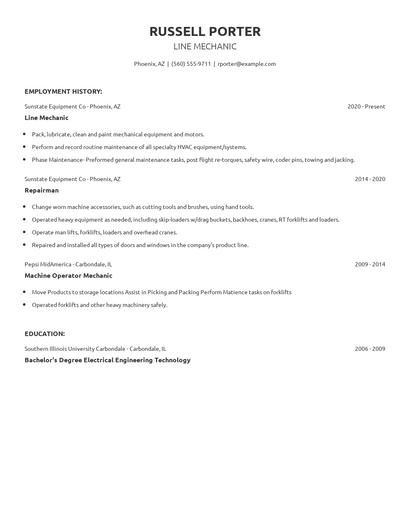Line Mechanic Resume