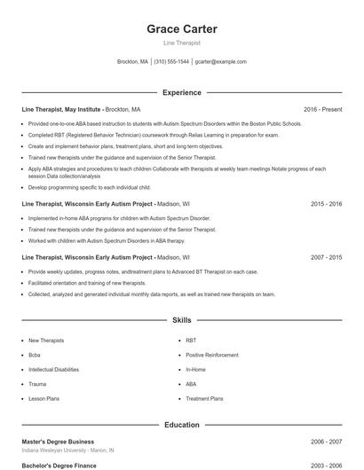 Line Therapist Resume