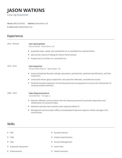 Line-Up Examiner Resume