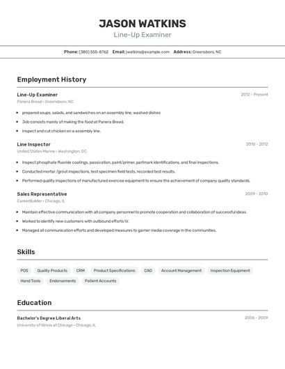 Line-Up Examiner Resume